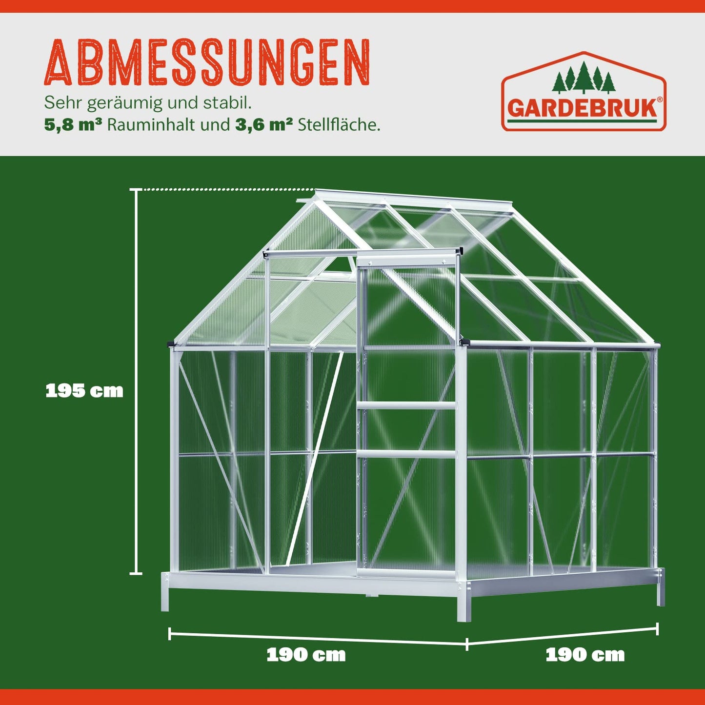 Gardebruk® Aluminium Gewächshaus 4,75m² mit Fundament 250x190cm inkl. 2 Dachfenster Treibhaus Garten Frühbeet Aufzucht 7,63m³