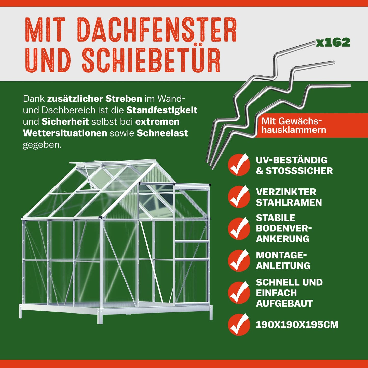 Gardebruk® Aluminium Gewächshaus 4,75m² mit Fundament 250x190cm inkl. 2 Dachfenster Treibhaus Garten Frühbeet Aufzucht 7,63m³