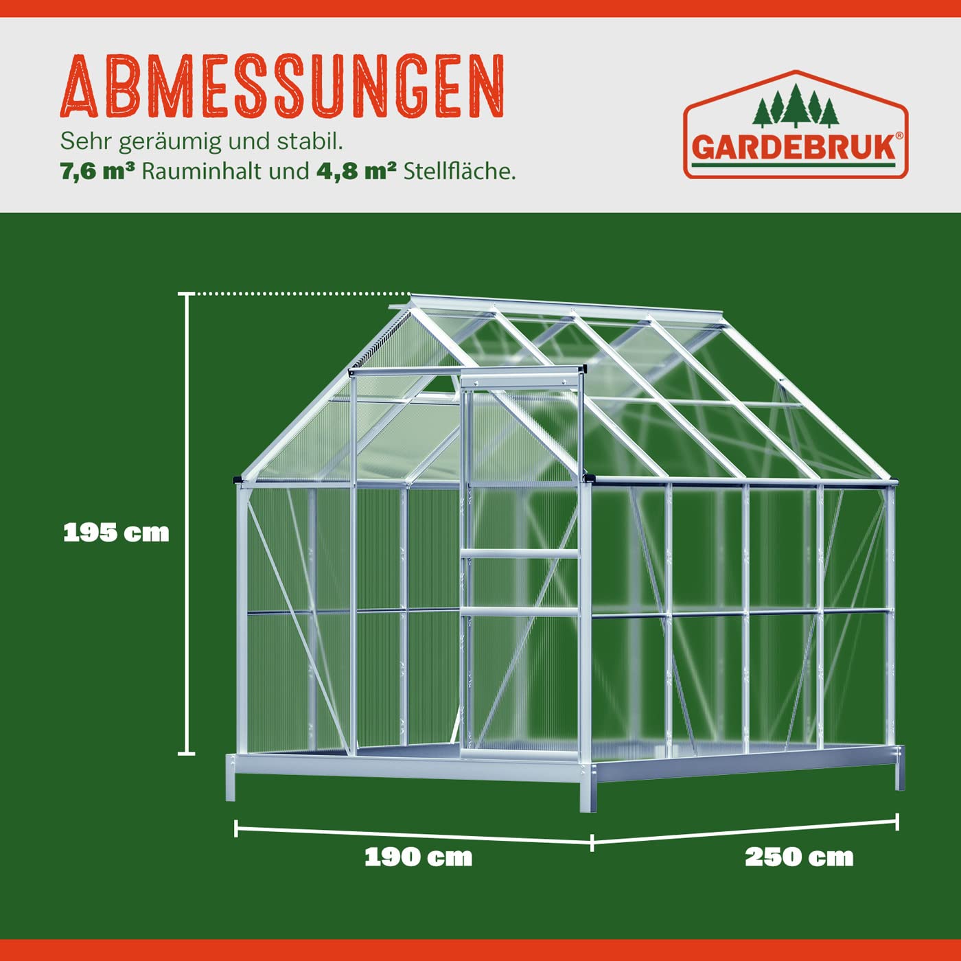 Gardebruk® Aluminium Gewächshaus 4,75m² mit Fundament 250x190cm inkl. 2 Dachfenster Treibhaus Garten Frühbeet Aufzucht 7,63m³