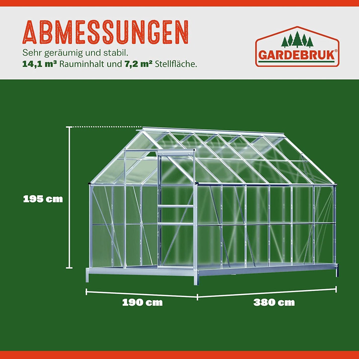 Gardebruk® Aluminium Gewächshaus 4,75m² mit Fundament 250x190cm inkl. 2 Dachfenster Treibhaus Garten Frühbeet Aufzucht 7,63m³