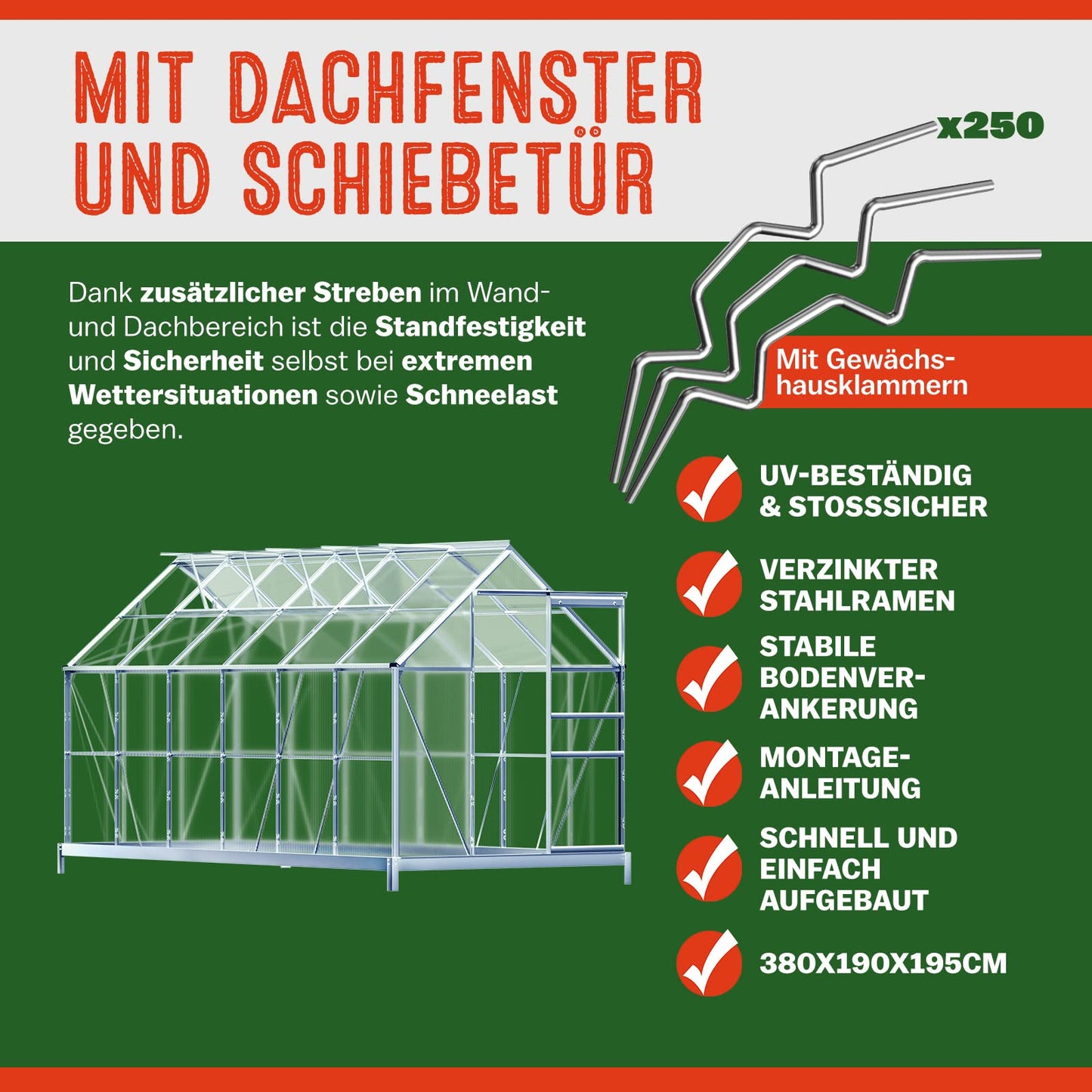 Gardebruk® Aluminium Gewächshaus 4,75m² mit Fundament 250x190cm inkl. 2 Dachfenster Treibhaus Garten Frühbeet Aufzucht 7,63m³