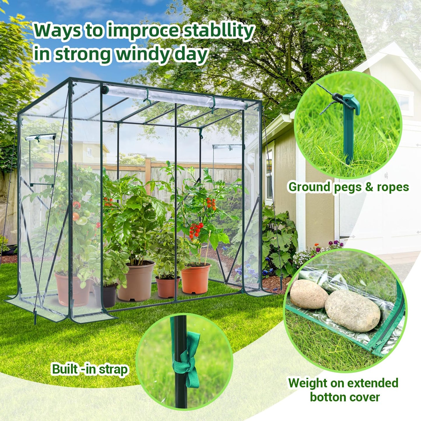 Ohuhu Tomaten Gewächshaus Foliengewächshaus mit PE-Abdeckung und Fernster, Begehbarer Gewächshaus Stabil 200x77x170 cm Gewächshaus Klein Winterfest Tomatenhaus für Optimales Pflanzenwachstum