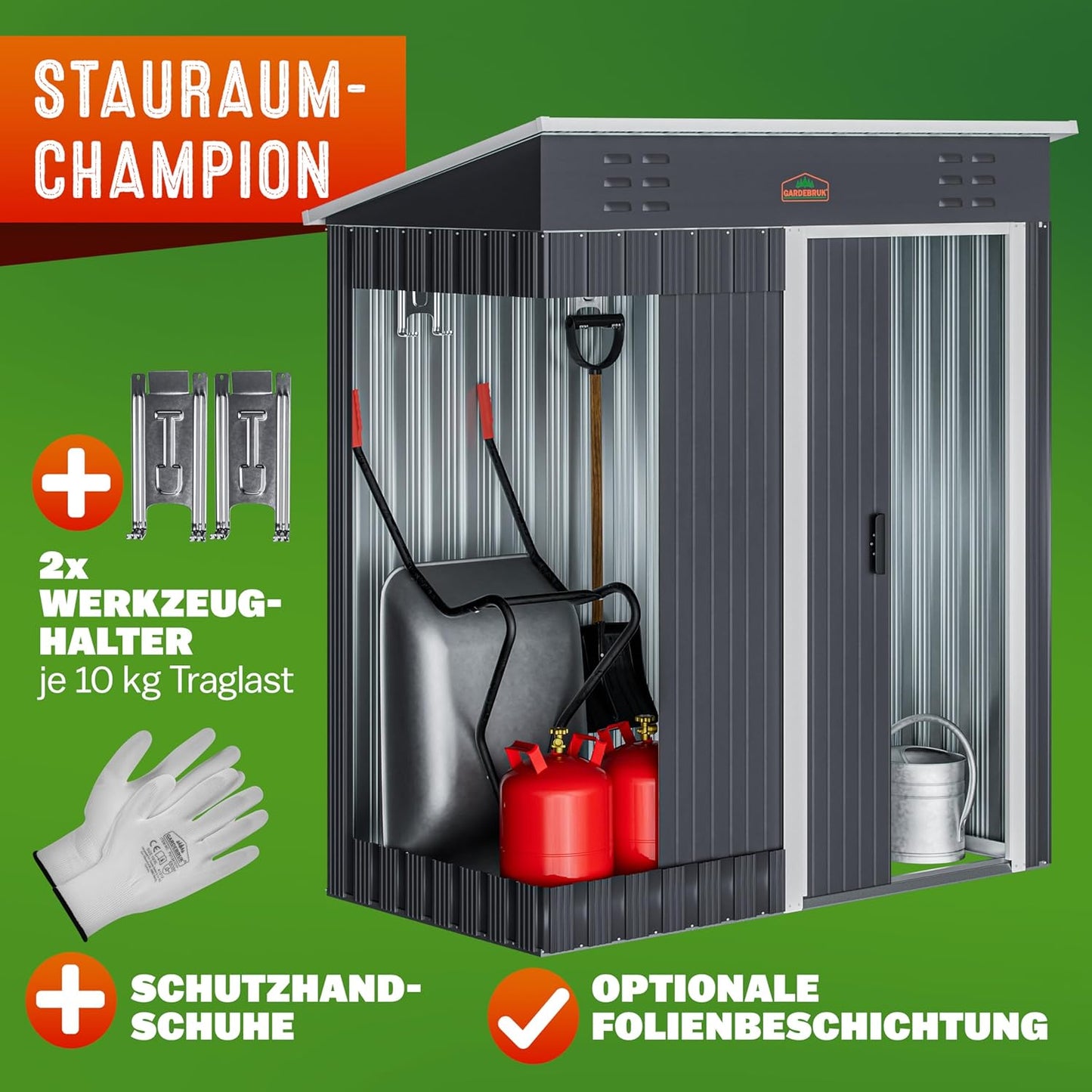 GARDEBRUK® Geräteschuppen 185x165x90cm 1,5m² Schiebetür 20kg Halter Handschuhe Belüftung rostfreies Metall Pultdach Anthrazit Gerätehaus Gartenhaus