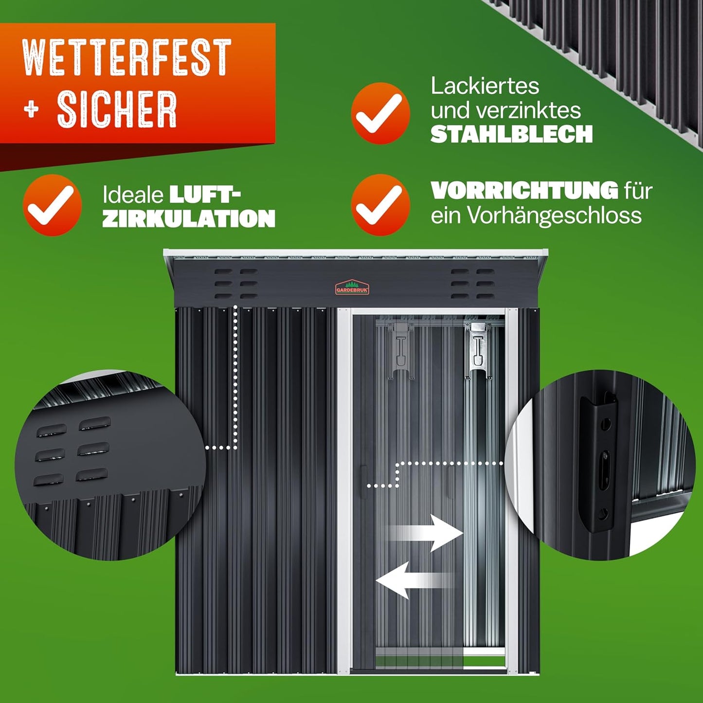 GARDEBRUK® Geräteschuppen 185x165x90cm 1,5m² Schiebetür 20kg Halter Handschuhe Belüftung rostfreies Metall Pultdach Anthrazit Gerätehaus Gartenhaus