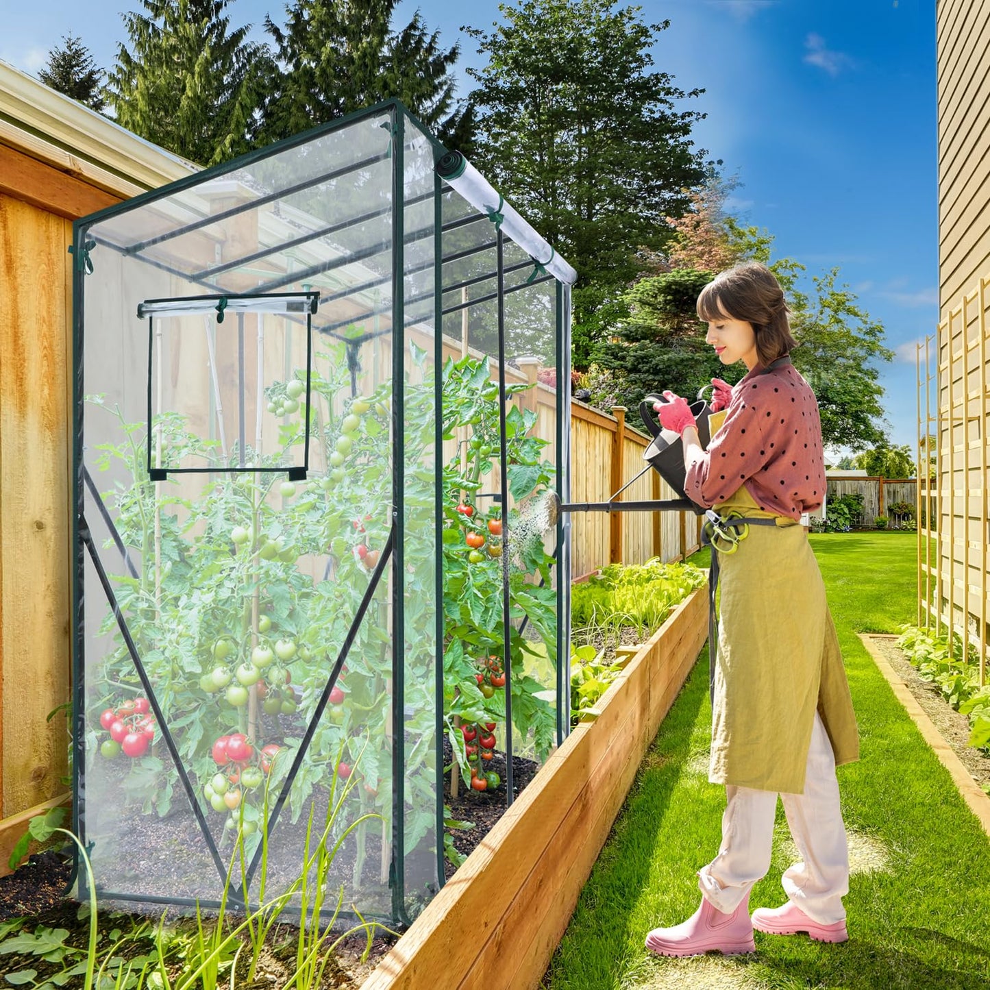 Ohuhu Tomaten Gewächshaus Foliengewächshaus mit PE-Abdeckung und Fernster, Begehbarer Gewächshaus Stabil 200x77x170 cm Gewächshaus Klein Winterfest Tomatenhaus für Optimales Pflanzenwachstum