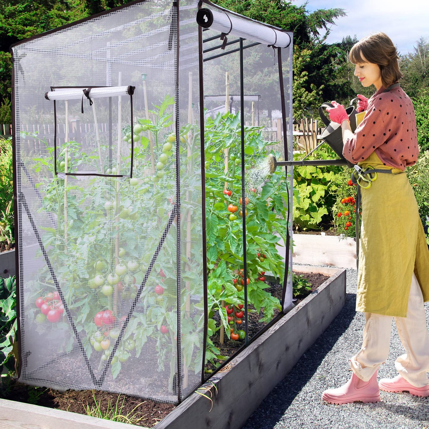 Ohuhu Tomaten Gewächshaus Foliengewächshaus mit PE-Abdeckung und Fernster, Begehbarer Gewächshaus Stabil 200x77x170 cm Gewächshaus Klein Winterfest Tomatenhaus für Optimales Pflanzenwachstum