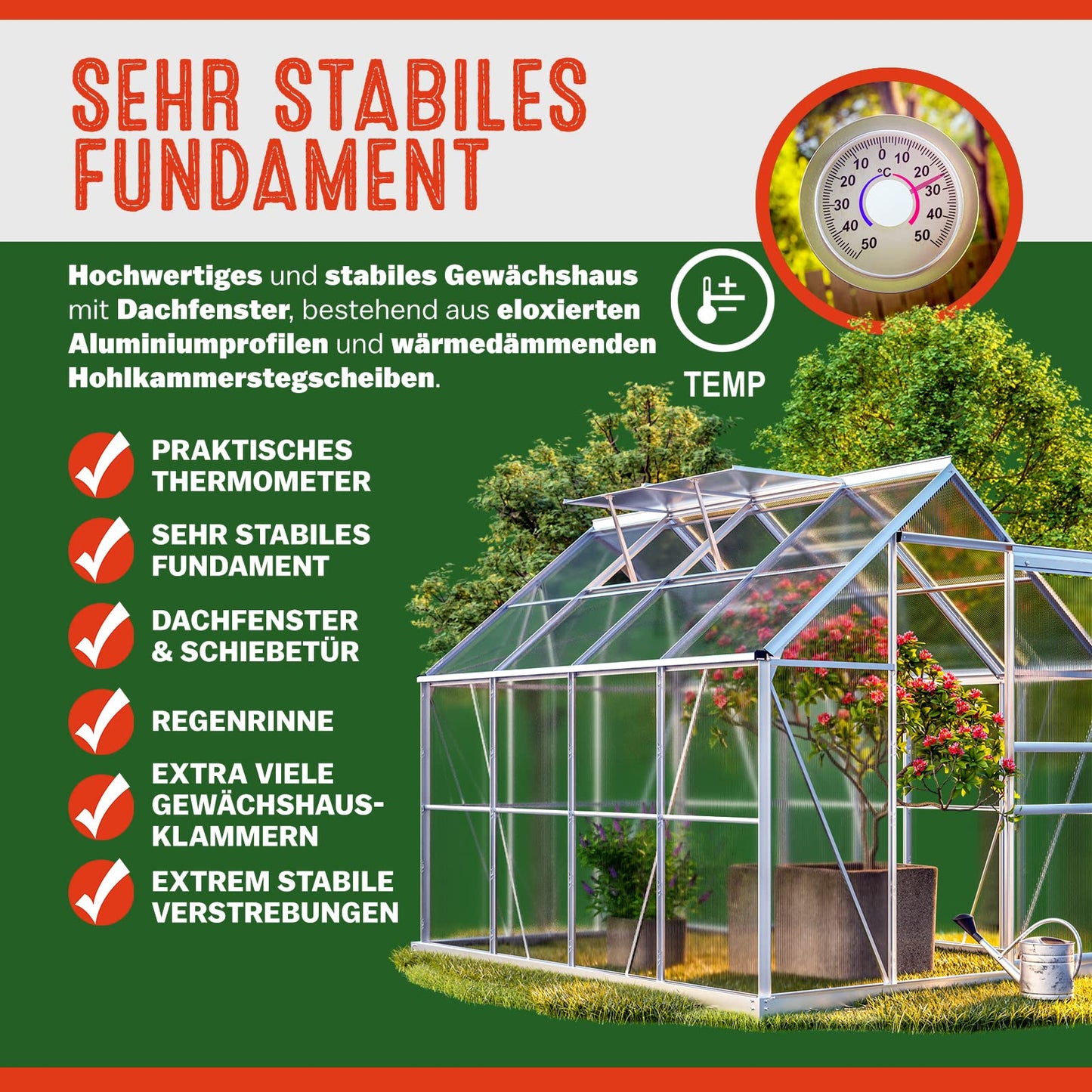 Gardebruk® Aluminium Gewächshaus 4,75m² mit Fundament 250x190cm inkl. 2 Dachfenster Treibhaus Garten Frühbeet Aufzucht 7,63m³