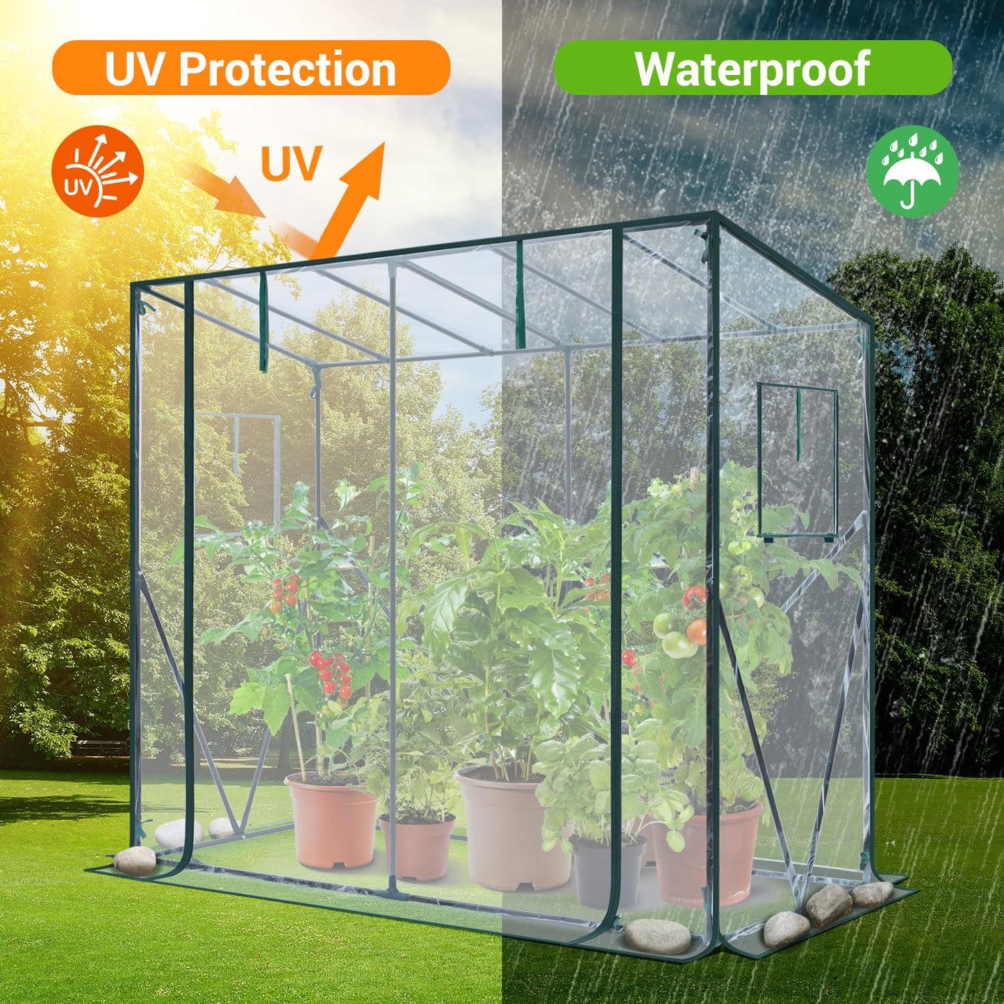 Ohuhu Tomaten Gewächshaus Foliengewächshaus mit PE-Abdeckung und Fernster, Begehbarer Gewächshaus Stabil 200x77x170 cm Gewächshaus Klein Winterfest Tomatenhaus für Optimales Pflanzenwachstum