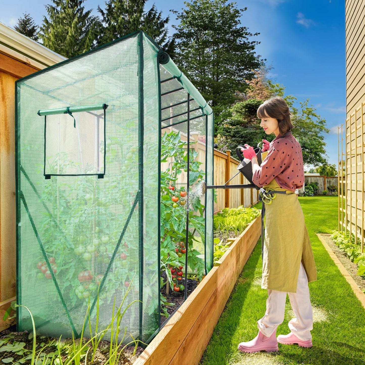 Ohuhu Tomaten Gewächshaus Foliengewächshaus mit PE-Abdeckung und Fernster, Begehbarer Gewächshaus Stabil 200x77x170 cm Gewächshaus Klein Winterfest Tomatenhaus für Optimales Pflanzenwachstum