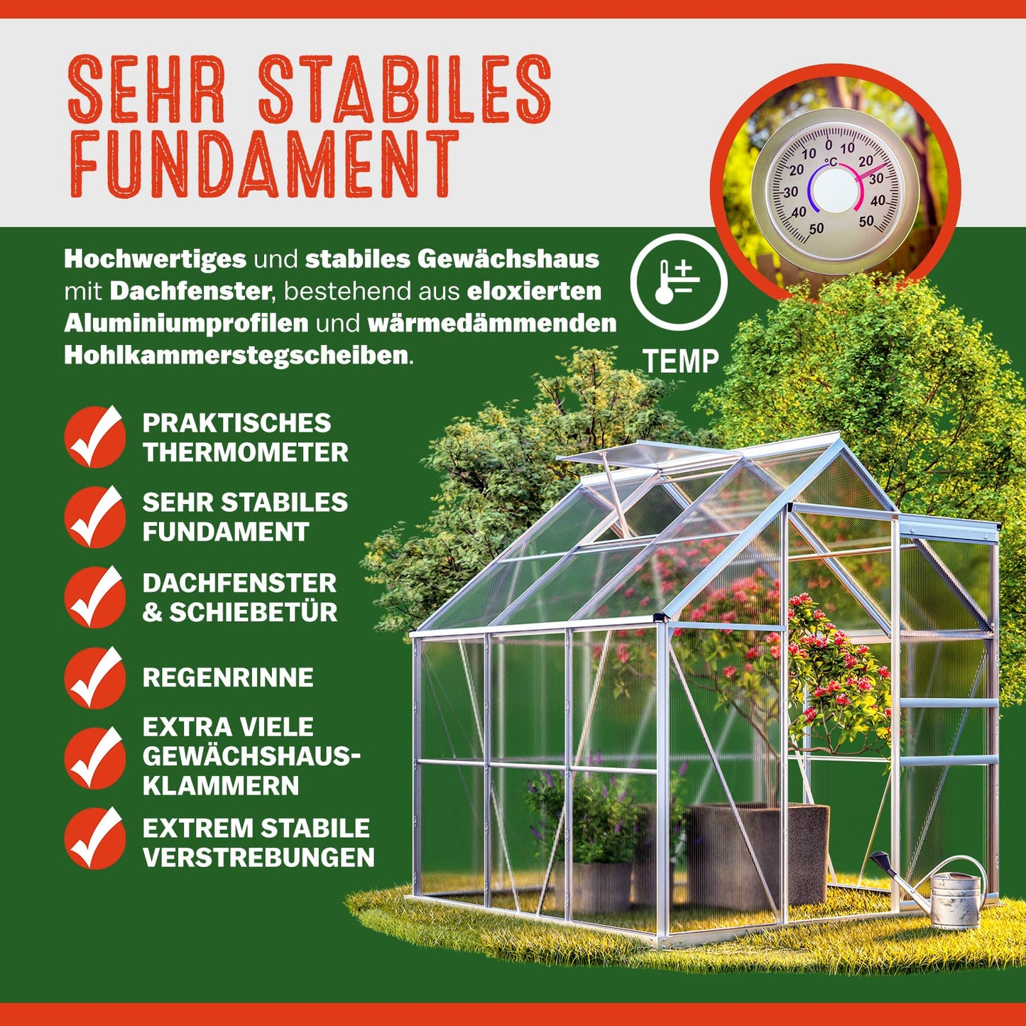 Gardebruk® Aluminium Gewächshaus 4,75m² mit Fundament 250x190cm inkl. 2 Dachfenster Treibhaus Garten Frühbeet Aufzucht 7,63m³
