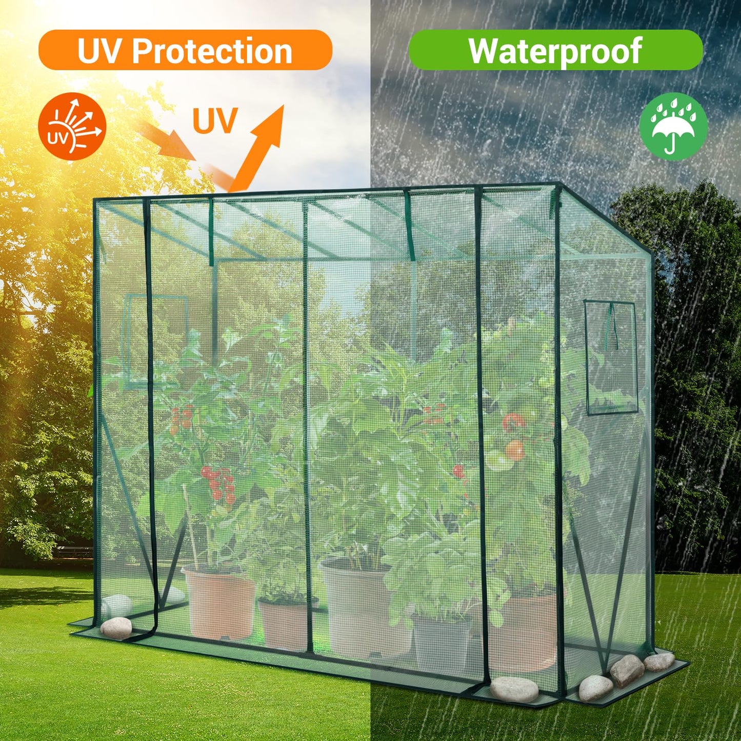 Ohuhu Tomaten Gewächshaus Foliengewächshaus mit PE-Abdeckung und Fernster, Begehbarer Gewächshaus Stabil 200x77x170 cm Gewächshaus Klein Winterfest Tomatenhaus für Optimales Pflanzenwachstum
