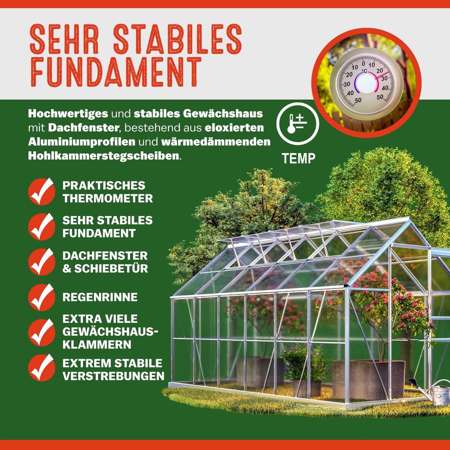 Gardebruk® Aluminium Gewächshaus 4,75m² mit Fundament 250x190cm inkl. 2 Dachfenster Treibhaus Garten Frühbeet Aufzucht 7,63m³
