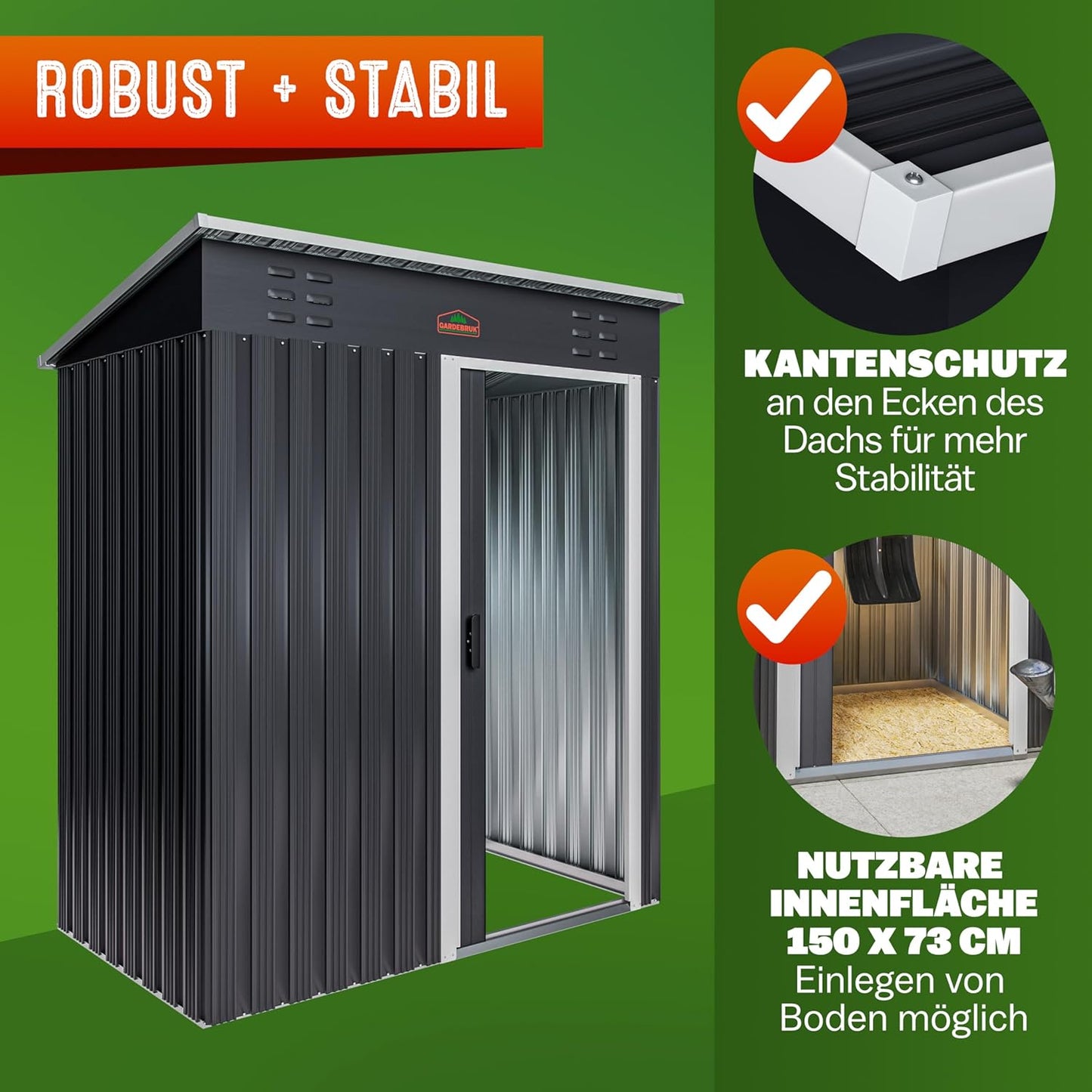 GARDEBRUK® Geräteschuppen 185x165x90cm 1,5m² Schiebetür 20kg Halter Handschuhe Belüftung rostfreies Metall Pultdach Anthrazit Gerätehaus Gartenhaus