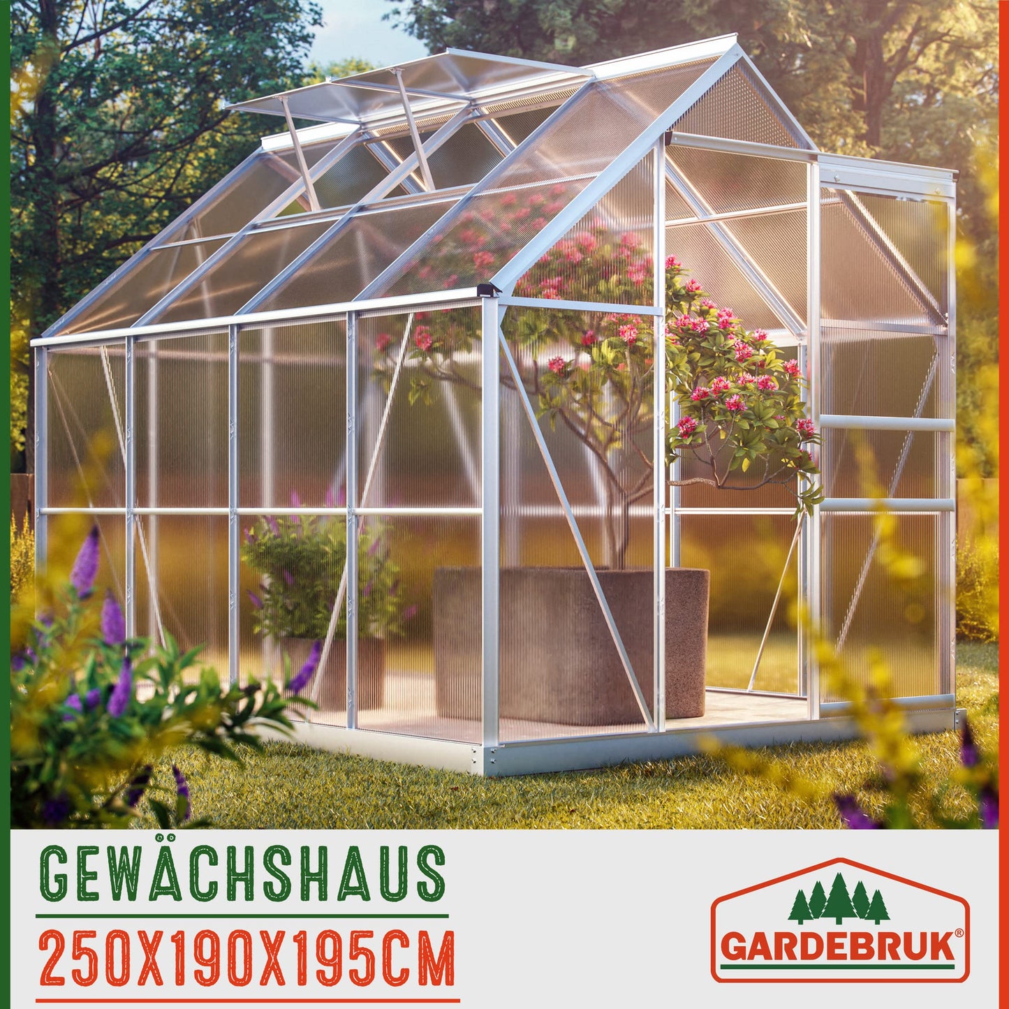 Gardebruk® Aluminium Gewächshaus 4,75m² mit Fundament 250x190cm inkl. 2 Dachfenster Treibhaus Garten Frühbeet Aufzucht 7,63m³