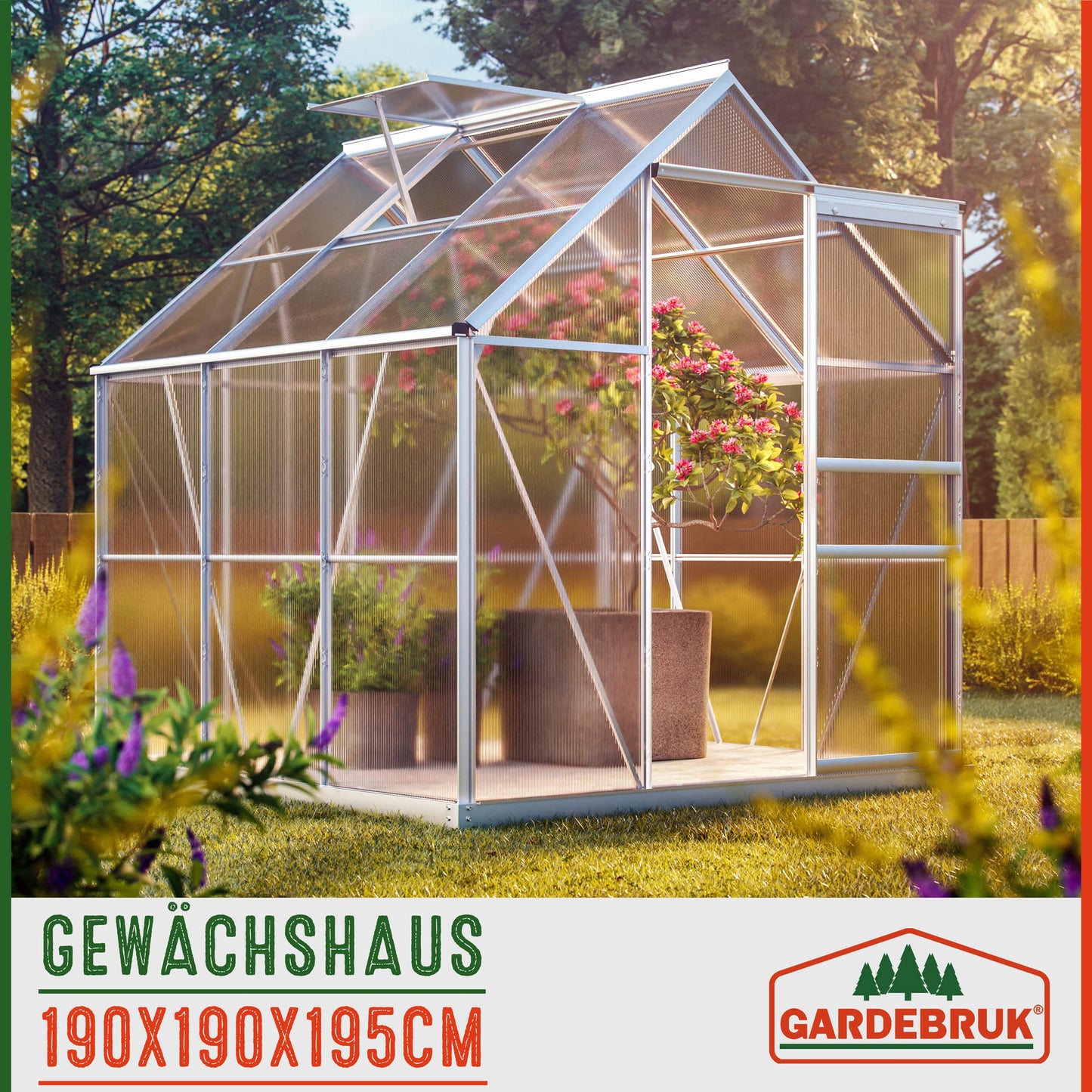 Gardebruk® Aluminium Gewächshaus 4,75m² mit Fundament 250x190cm inkl. 2 Dachfenster Treibhaus Garten Frühbeet Aufzucht 7,63m³
