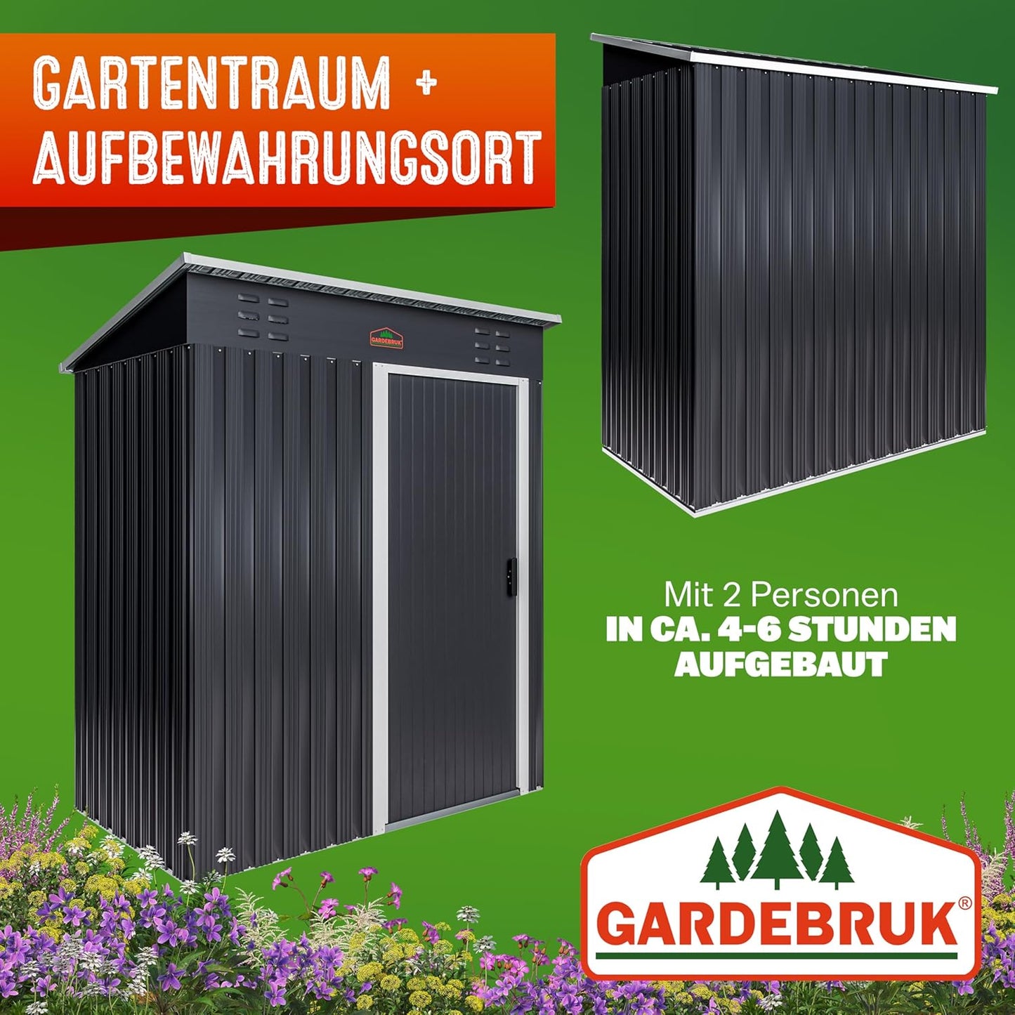 GARDEBRUK® Geräteschuppen 185x165x90cm 1,5m² Schiebetür 20kg Halter Handschuhe Belüftung rostfreies Metall Pultdach Anthrazit Gerätehaus Gartenhaus