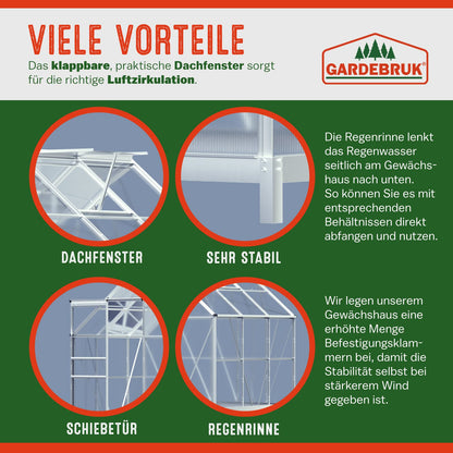 Gardebruk® Aluminium Gewächshaus 4,75m² mit Fundament 250x190cm inkl. 2 Dachfenster Treibhaus Garten Frühbeet Aufzucht 7,63m³