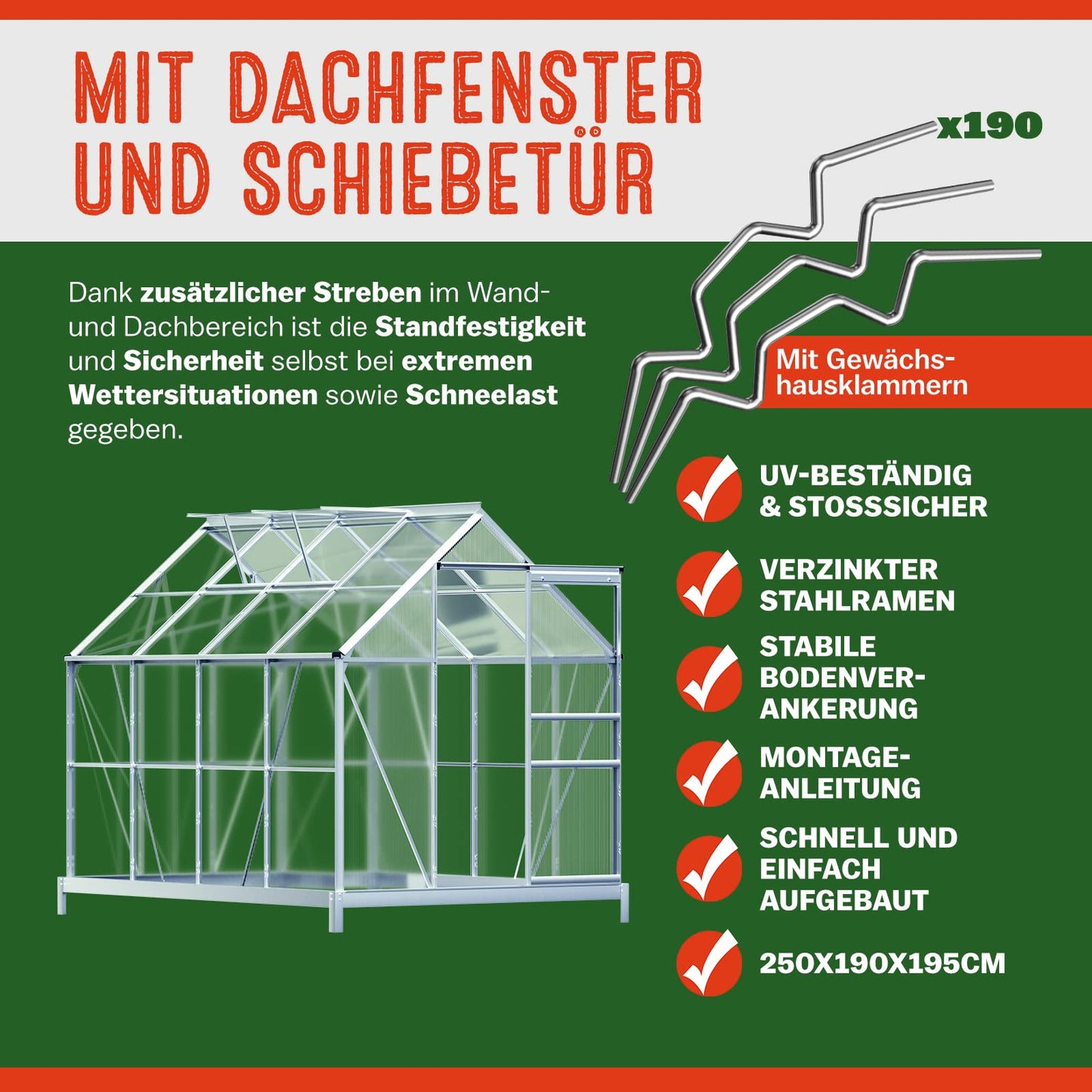 Gardebruk® Aluminium Gewächshaus 4,75m² mit Fundament 250x190cm inkl. 2 Dachfenster Treibhaus Garten Frühbeet Aufzucht 7,63m³