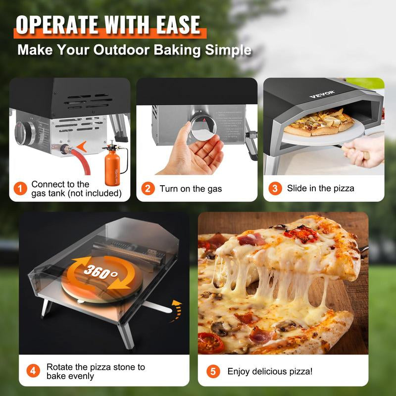 VEVOR Outdoor Pizza Oven, 16-Inch, Gas Fired Pizza Maker, Portable outside Stainless Steel Pizza Grill with 360° Rotatable Pizza Stone, Waterproof Cover, Peel, IR Thermometer, Gas Burner