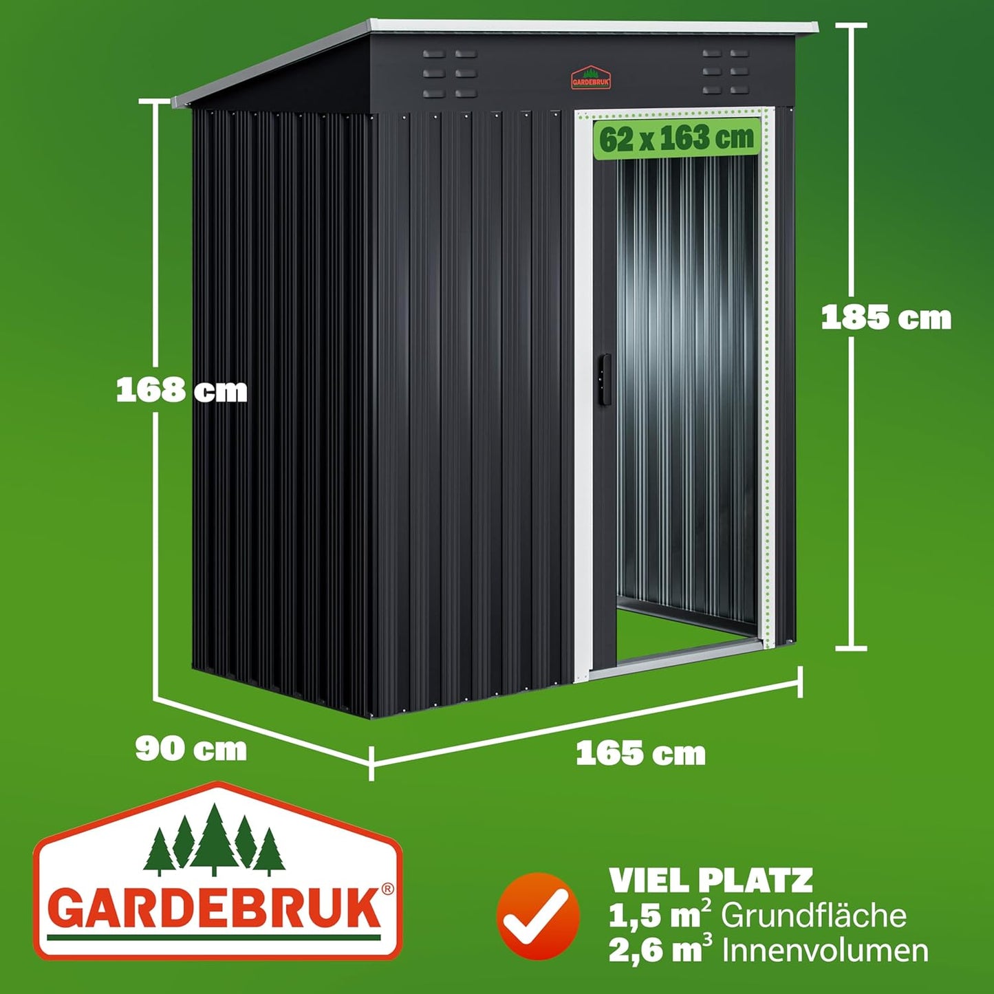 GARDEBRUK® Geräteschuppen 185x165x90cm 1,5m² Schiebetür 20kg Halter Handschuhe Belüftung rostfreies Metall Pultdach Anthrazit Gerätehaus Gartenhaus