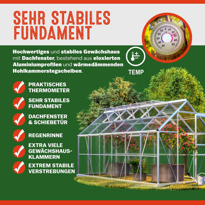 Gardebruk® Aluminium Gewächshaus 4,75m² mit Fundament 250x190cm inkl. 2 Dachfenster Treibhaus Garten Frühbeet Aufzucht 7,63m³