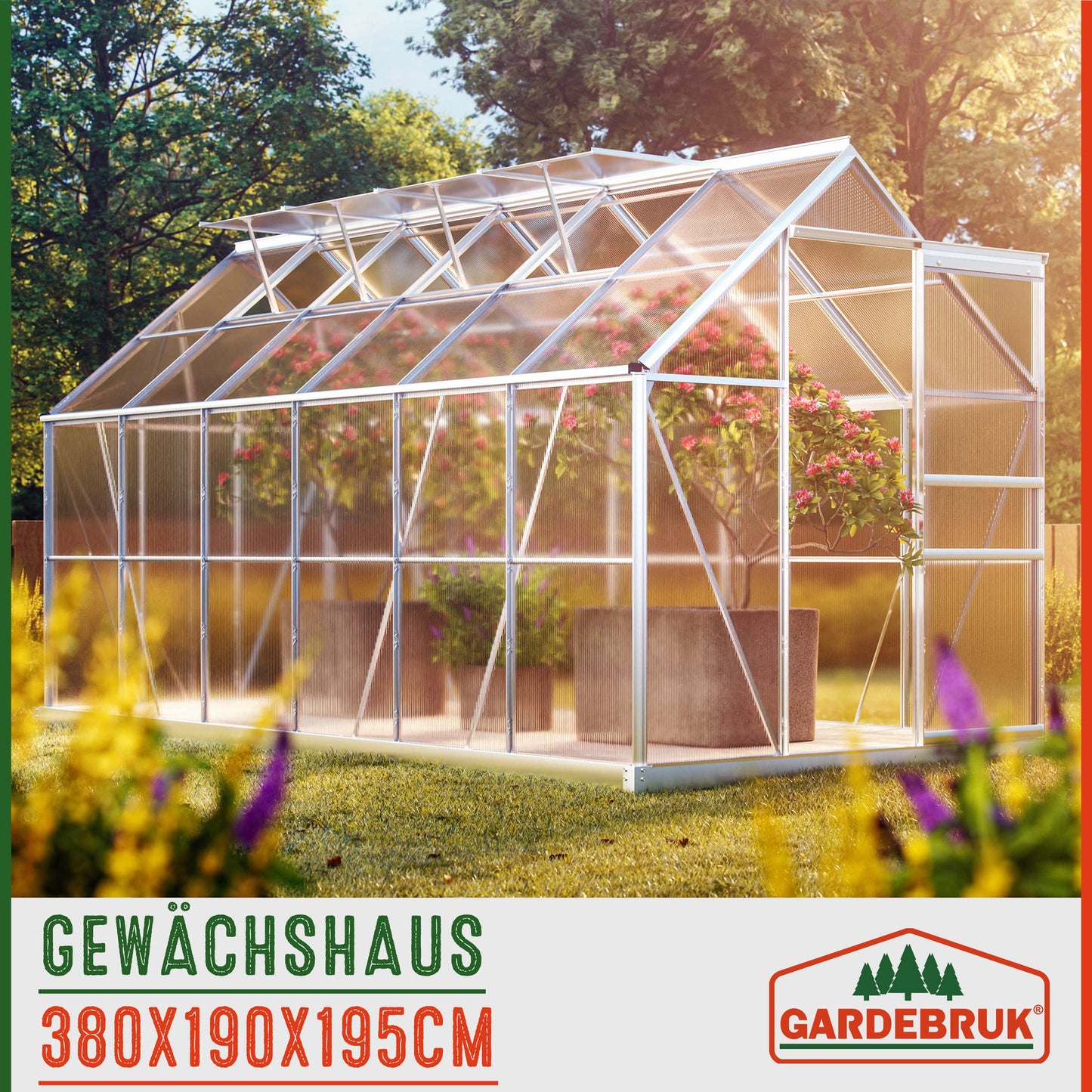 Gardebruk® Aluminium Gewächshaus 4,75m² mit Fundament 250x190cm inkl. 2 Dachfenster Treibhaus Garten Frühbeet Aufzucht 7,63m³