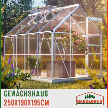 Gardebruk® Aluminium Gewächshaus 4,75m² mit Fundament 250x190cm inkl. 2 Dachfenster Treibhaus Garten Frühbeet Aufzucht 7,63m³