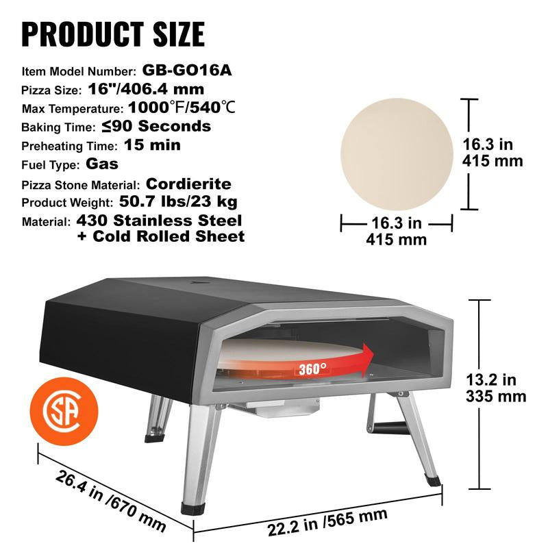 VEVOR Outdoor Pizza Oven, 16-Inch, Gas Fired Pizza Maker, Portable outside Stainless Steel Pizza Grill with 360° Rotatable Pizza Stone, Waterproof Cover, Peel, IR Thermometer, Gas Burner