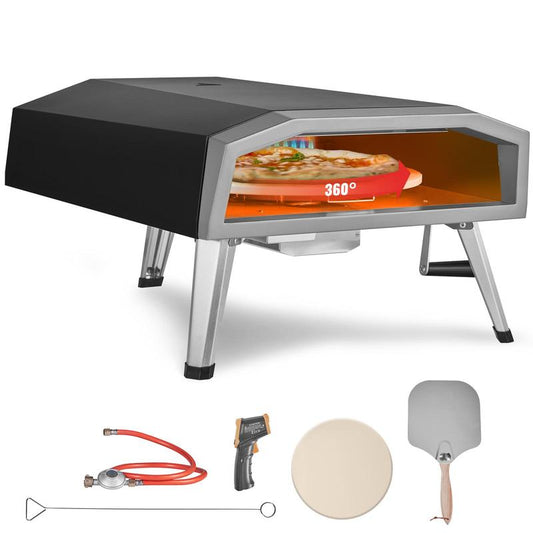 VEVOR Outdoor Pizza Oven, 16-Inch, Gas Fired Pizza Maker, Portable outside Stainless Steel Pizza Grill with 360° Rotatable Pizza Stone, Waterproof Cover, Peel, IR Thermometer, Gas Burner